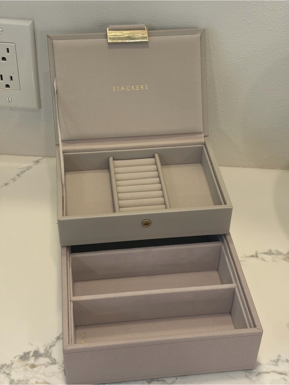 RARE Stackers Jewelry Storage Box 4-Section Classic Tray & Mini Lidded Box Taupe